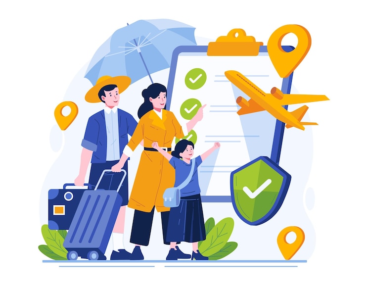 Vetor uma família feliz obtém cobertura de seguro de viagem ilustração do conceito de seguro de viagem