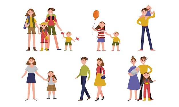 Uma família feliz passa tempo juntos a falar, a caminhar, a brincar, a ir de acampamento juntos, a jogar com balões, a conhecer um membro da família recém-nascido.