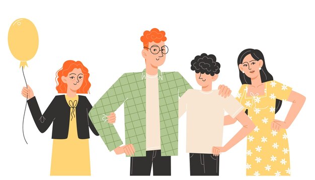 Uma família internacional feliz está de pé uma ao lado da outra.