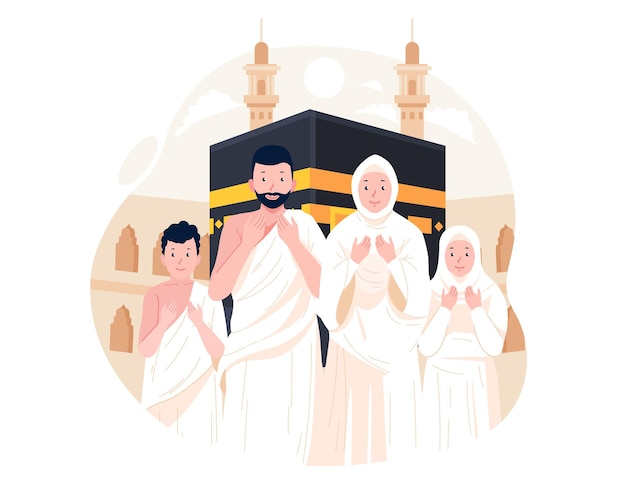 Uma família muçulmana realizando peregrinação hajj ou umrah com fundo kaaba