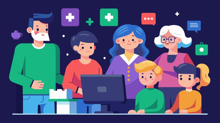 Vetor uma família multigeracional se conecta e se liga através de um jogo digital de escape room trabalhando juntos para