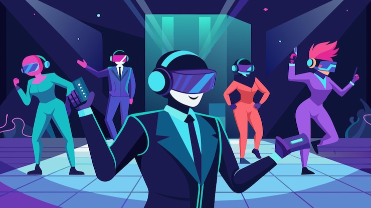 Vetor uma festa de dança vr futurista com avatares vestidos com ternos de alta tecnologia e dançando com batidas eletrônicas em um mundo virtual ilustração vetorial