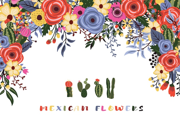 Uma festa mexicana de flores com cactos