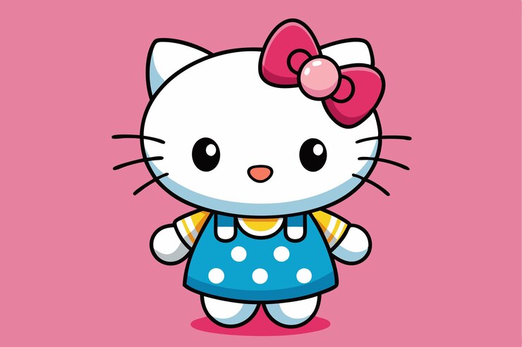 Vetor uma figura de desenho animado bonita com um grande laço e vestido de polka dot sorri alegremente em um cenário vibrante um personagem de desenho desenhado olá gatinho engraçado