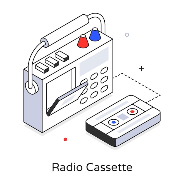 Uma fita de rádio é mostrada com uma fita e um botão vermelho.