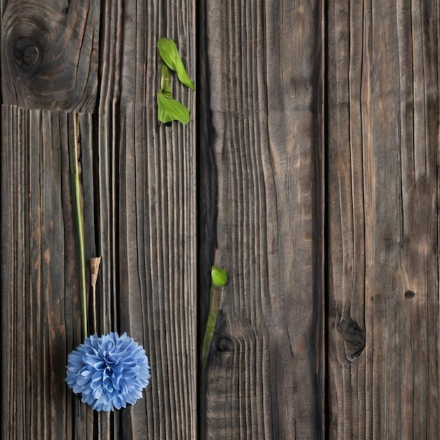 uma flor azul está em uma mesa de madeira com uma flor azul