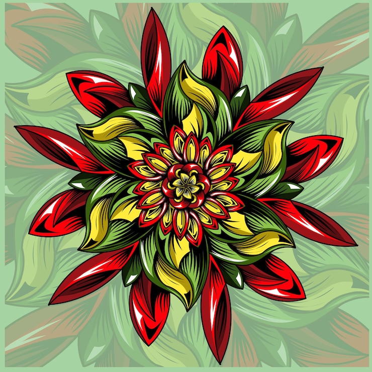 Vetor uma flor colorida com um fundo verde e uma flor vermelha no meio.