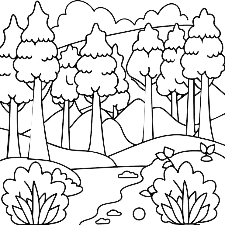 Vetor uma floresta com árvores e um fundo branco com uma menina dormindo nele