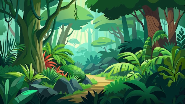 uma floresta com um caminho na selva