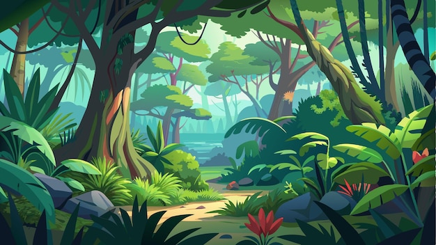 uma floresta com uma floresta e um caminho com uma florista no fundo