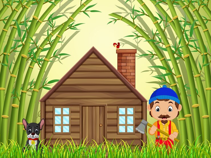 Vetor uma floresta de bambu com um lenhador feliz e cão