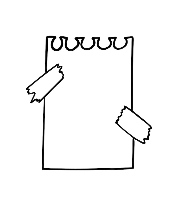 Vetor uma folha de papel rasgada de um notebook anexado com fita adesiva doodle desenho linear de desenho animado