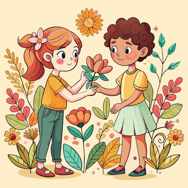 Vetor uma foto de duas crianças com uma flor e uma menina segurando uma flor
