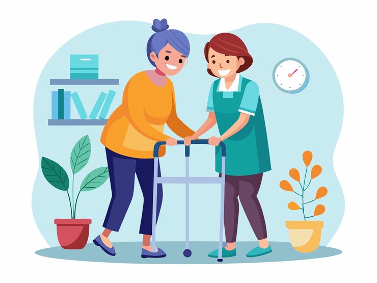 uma foto de duas mulheres com um carrinho de compras e uma planta