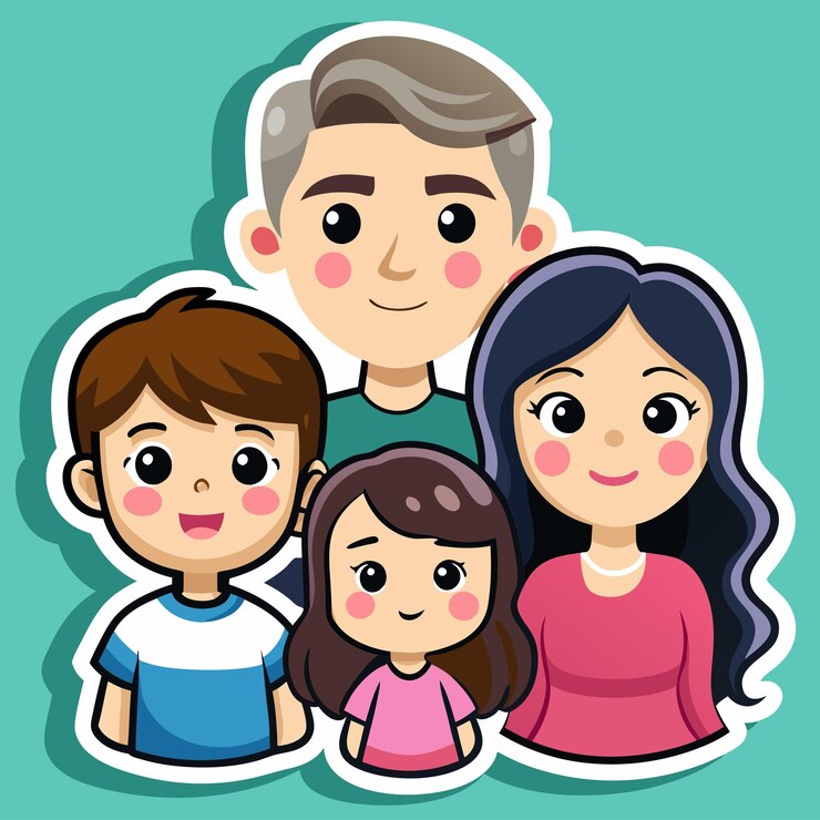 uma foto de família com três crianças e um homem com um fundo azul