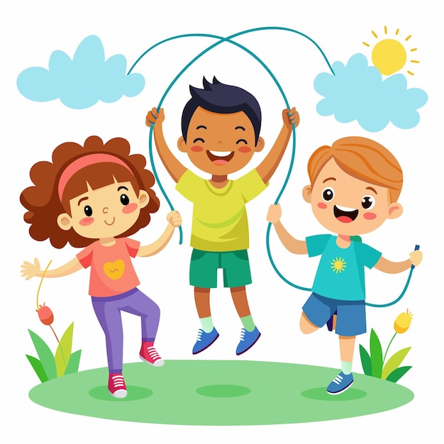 Vetor uma foto de três crianças brincando com um balanço de corda