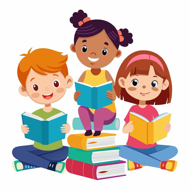 Vetor uma foto de três crianças lendo livros com um lendo um livro