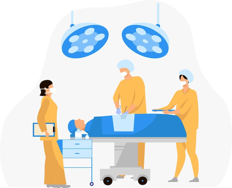 Vetor uma foto de três pessoas em um hospital com as palavras médico na parte inferior direita