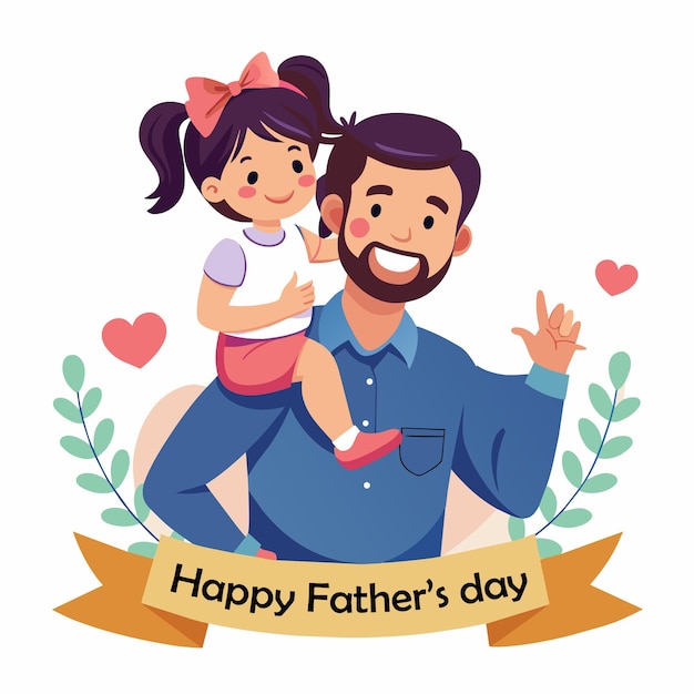 uma foto de um pai e uma filha com corações e uma bandeira que diz feliz dia dos pais