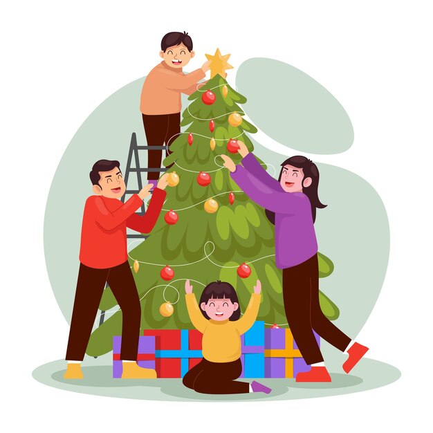 uma foto de uma família decorando uma árvore de Natal