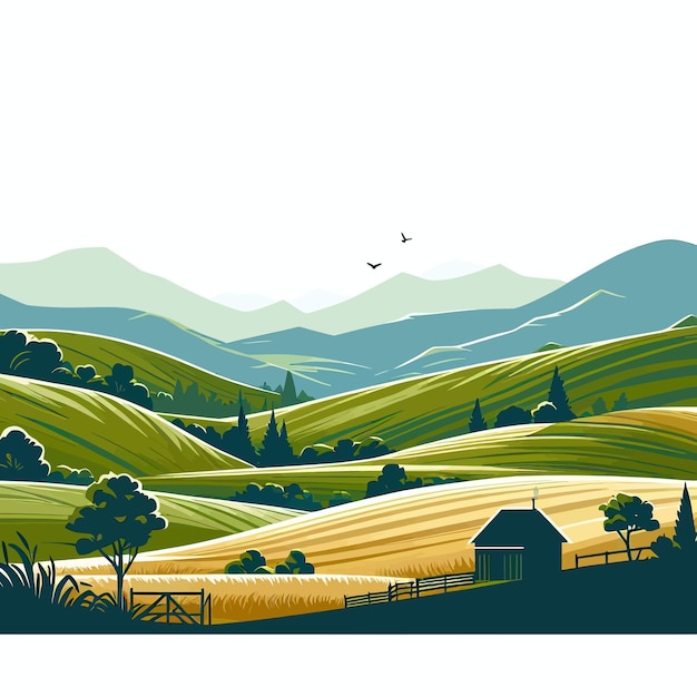 uma foto de uma fazenda com montanhas ao fundo