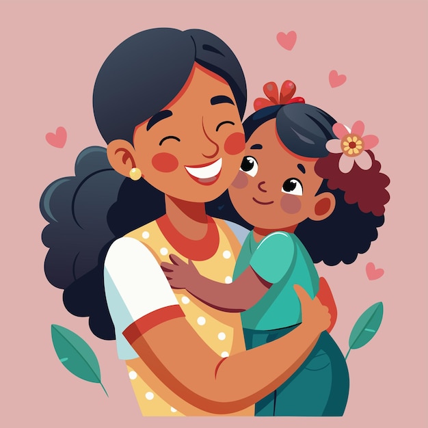 Vetor uma foto de uma mãe e filha com corações e um fundo rosa