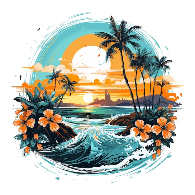 Uma foto de uma praia com uma cena tropical e palmeiras