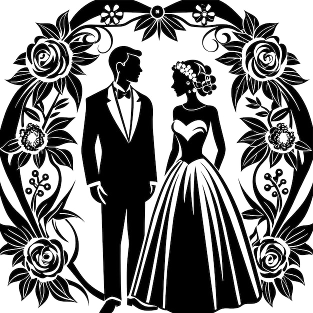 Vetor uma foto em preto e branco de um casal em um vestido de noiva