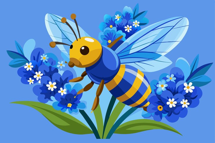 Vetor uma foto macro de uma abelha coberta de pólen azul coletando néctar de uma flor forgetmenot
