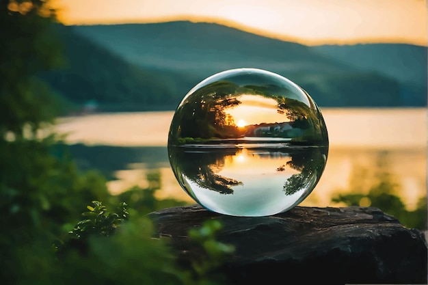 Vetor uma fotografia criativa de bola de lente de cristal do belo pôr do sol em um lago