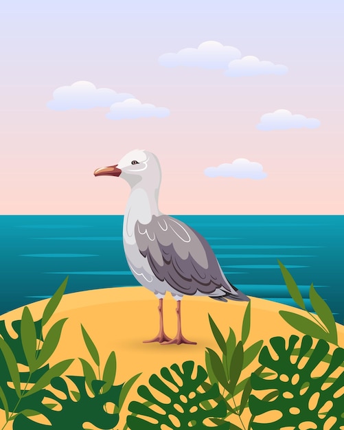 Uma gaivota bonita em uma ilha arenosa com plantas tropicais no contexto de uma paisagem marinha Verão