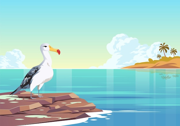Vetor uma gaivota em uma rocha no mar com um céu azul e nuvens.