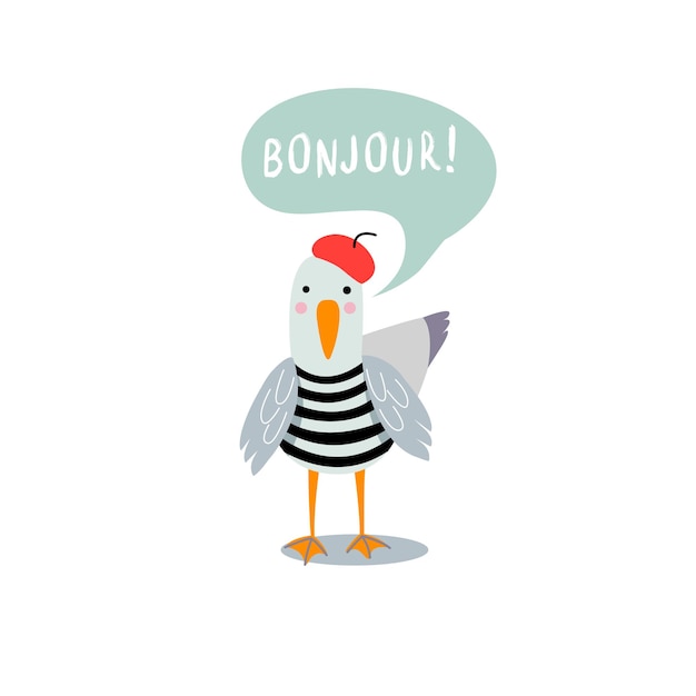 Uma gaivota fofa com boina vermelha e colete Inscrição em bolha olá em francês