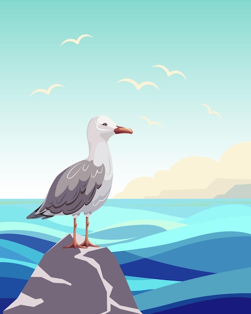 Uma gaivota fofa em uma rocha contra o pano de fundo de uma paisagem marinha Impressão de clipart de ilustração de verão