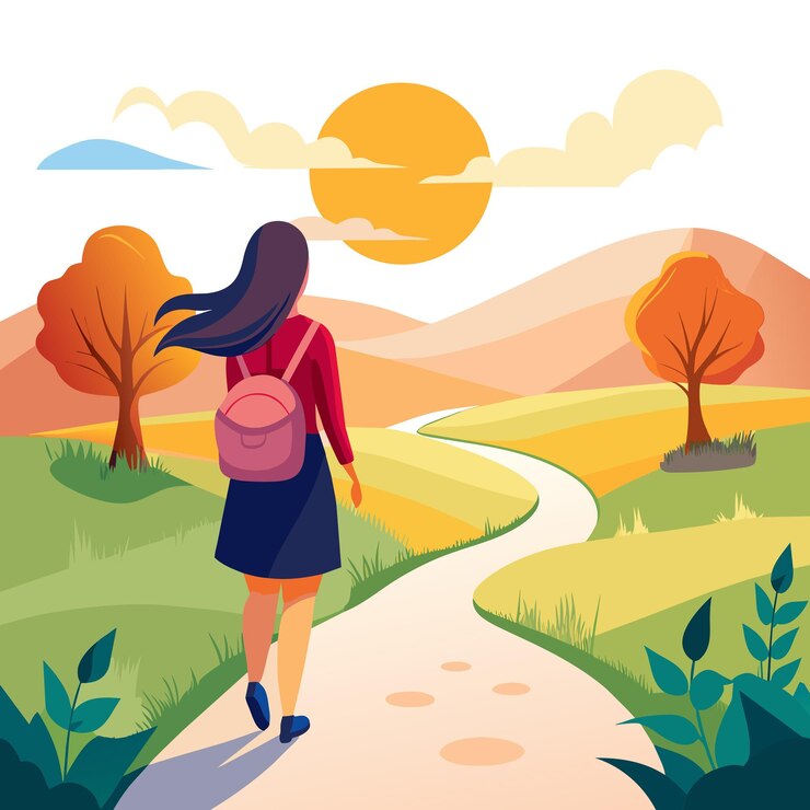 Vetor uma garota bonita com uma mochila caminha por um caminho sinuoso o sol mergulhando abaixo do horizonte castanho