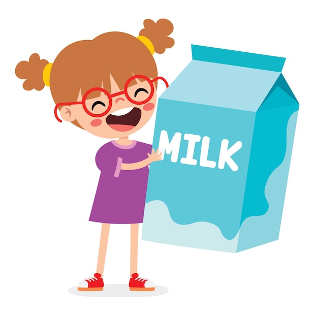 Uma garota com óculos e um vestido roxo está em frente a uma caixa azul que diz leite