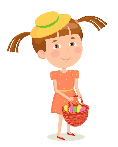 Uma garota com roupas de verão com uma cesta nas mãos na qual os ovos se encontram para a páscoa