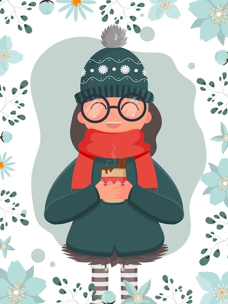 Uma garota com roupas quentes de inverno segura um copo com uma bebida quente nas mãos. ilustração vetorial cartão pronto com flores.