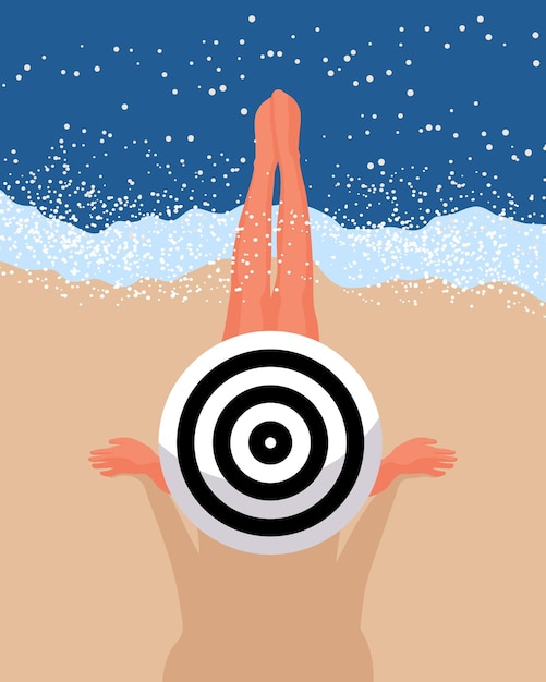 Uma garota com um chapéu de verão senta-se em uma praia arenosa com os pés na água do mar Paisagem marinha de verão