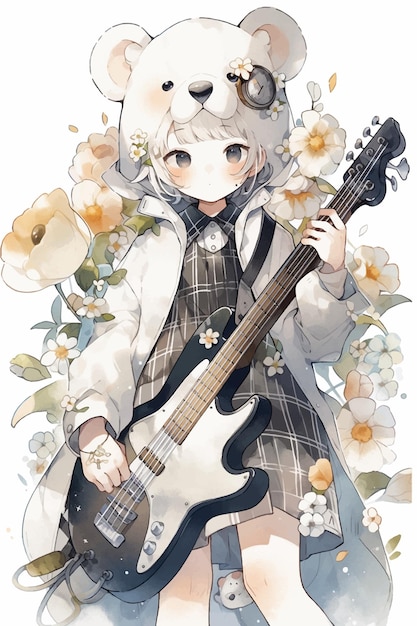Vetor uma garota com uma guitarra e um fundo de flores
