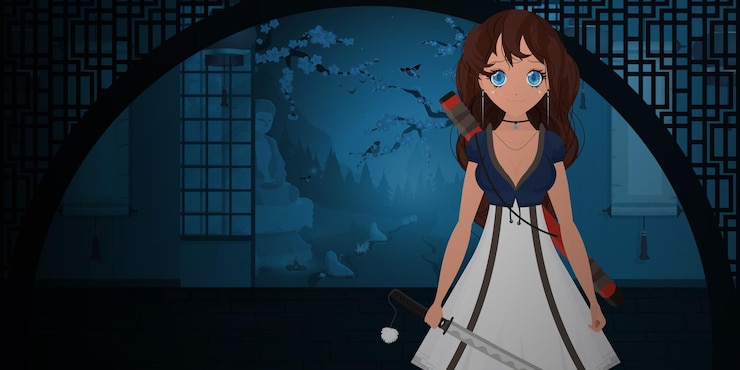Vetor uma garota com uma katana em um vestido branco em uma casa japonesa viranda noite no japão mulher samurai anime ilustração em vetor estilo cartoon