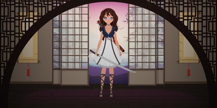Vetor uma garota com uma katana em um vestido branco no quarto de uma casa japonesa anime samurai mulher ilustração em vetor estilo cartoon