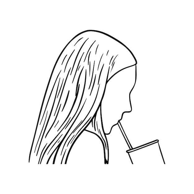 Uma garota de cabelo comprido bebe de um copo com um perfil de bebida de palha doodle coloração linear de desenho animado