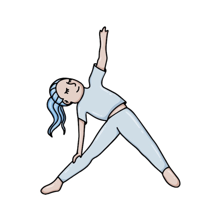 Vetor uma garota de camiseta e calça com cabelo amarrado em um rabo de cavalo realiza exercícios esportivos esporte estilo de vida saudável doodle desenho de coloração linear