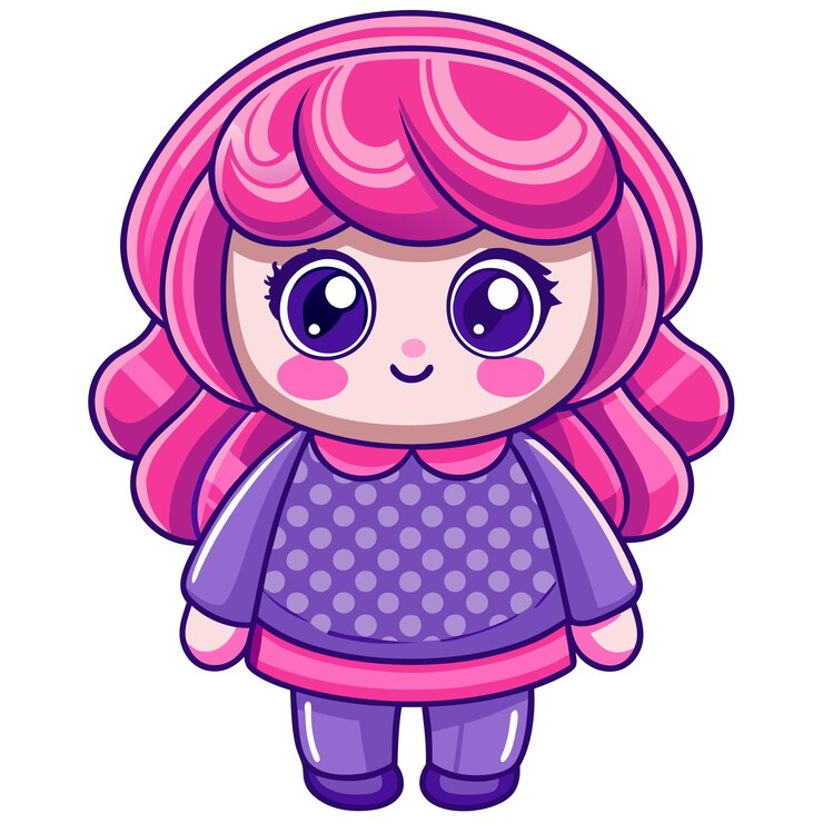 Vetor uma garota de desenho animado bonita com cabelo rosa e camisola roxa com pontos.