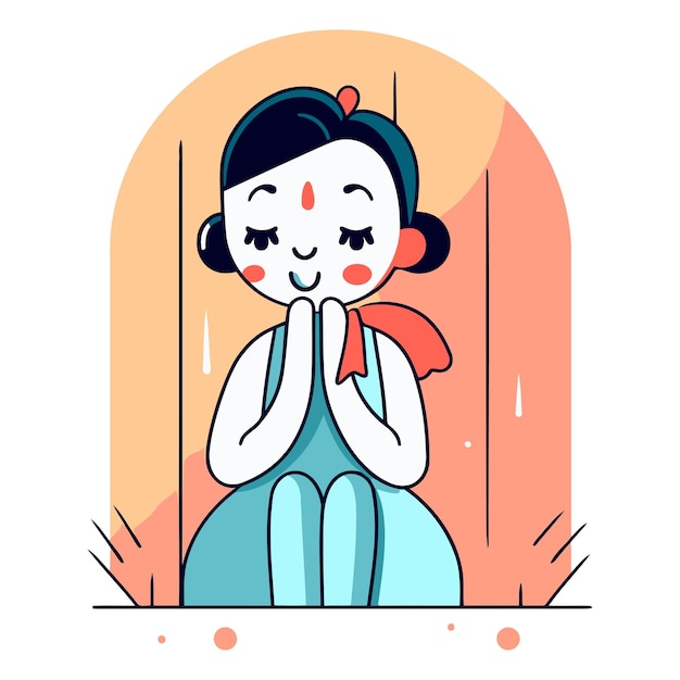 Uma garota de desenho animado bonita sentada e rezando em estilo plano.