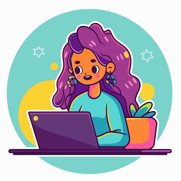 Uma garota de desenho animado com cabelo roxo está trabalhando em um laptop.