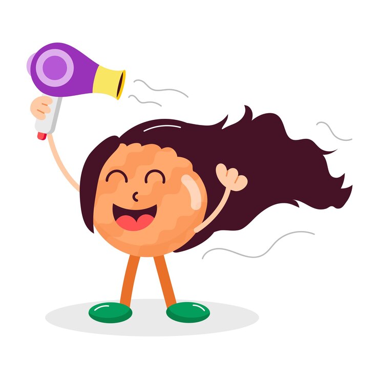 Vetor uma garota de desenho animado segurando um secador roxo e rosa com uma escova roxa em sua mão