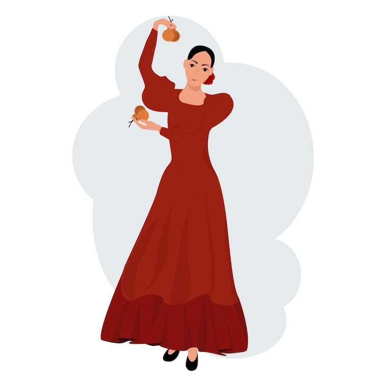 Vetor uma garota de vestido vermelho dança com castanholas. flamenco. dança espanhola com castanholas - flamenco