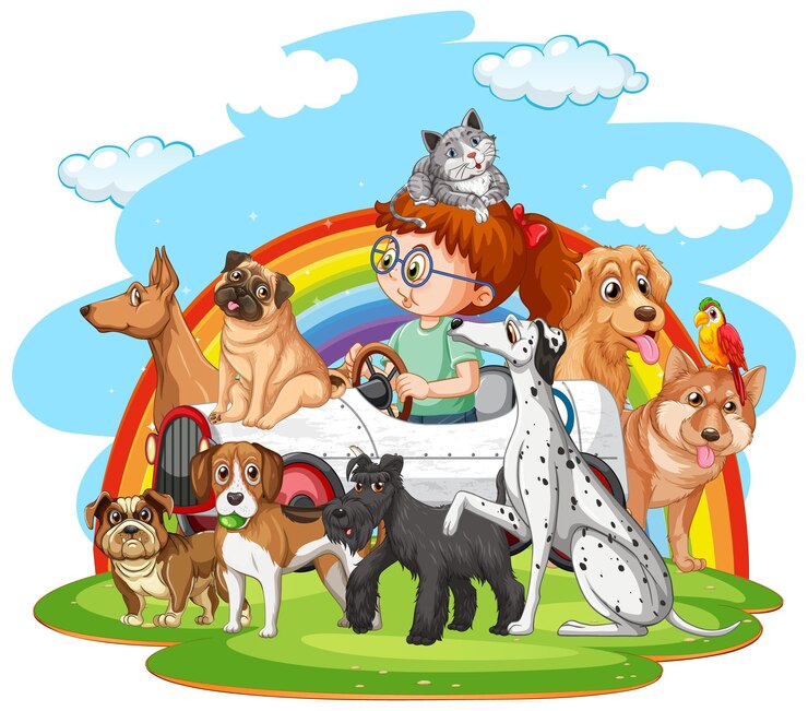 Vetor uma garota dirigindo um carro com muitos cães